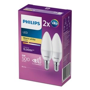 Philips P45 E14 LED 500Lm Warm White 5W Candle - 2 Pack