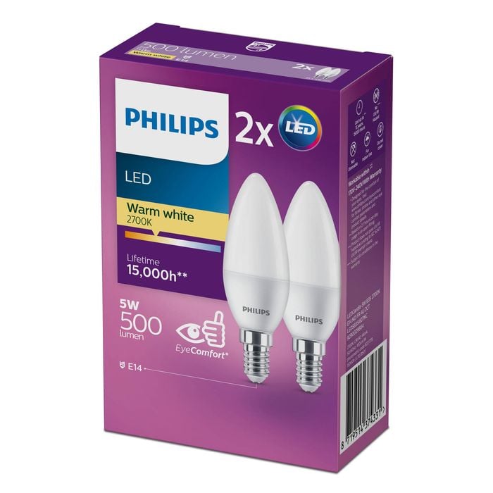 Philips P45 E14 LED 500Lm Warm White 5W Candle - 2 Pack
