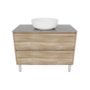 Forme 900mm Walnut Razor Freestanding Vanity With Victoria Grey Stone Top And Atom Above Counter Basin