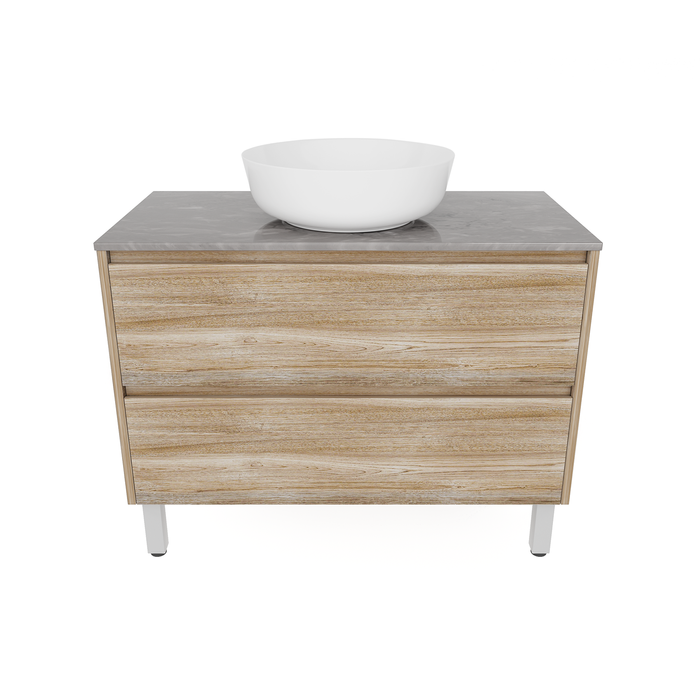 Forme 900mm Walnut Razor Freestanding Vanity With Victoria Grey Stone Top And Atom Above Counter Basin