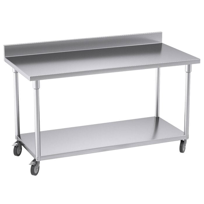 Soga 150cm Stainless Steel Bench with Backsplash & Wheels
