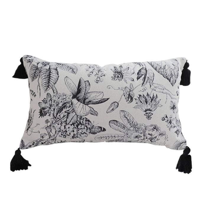 SOGA 35cm Throw Pillow – Black and White Floral Print Elegant with Tassel