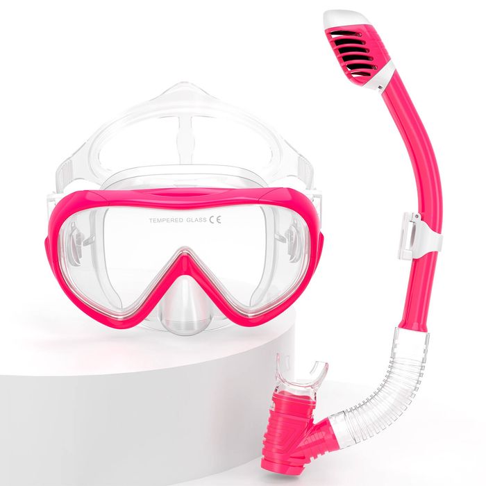EMSINA Kids Diving Mask 180 Panoramic Swim Mask Anti Fog Tempered Glass Nose Cover Kids Youth Pink