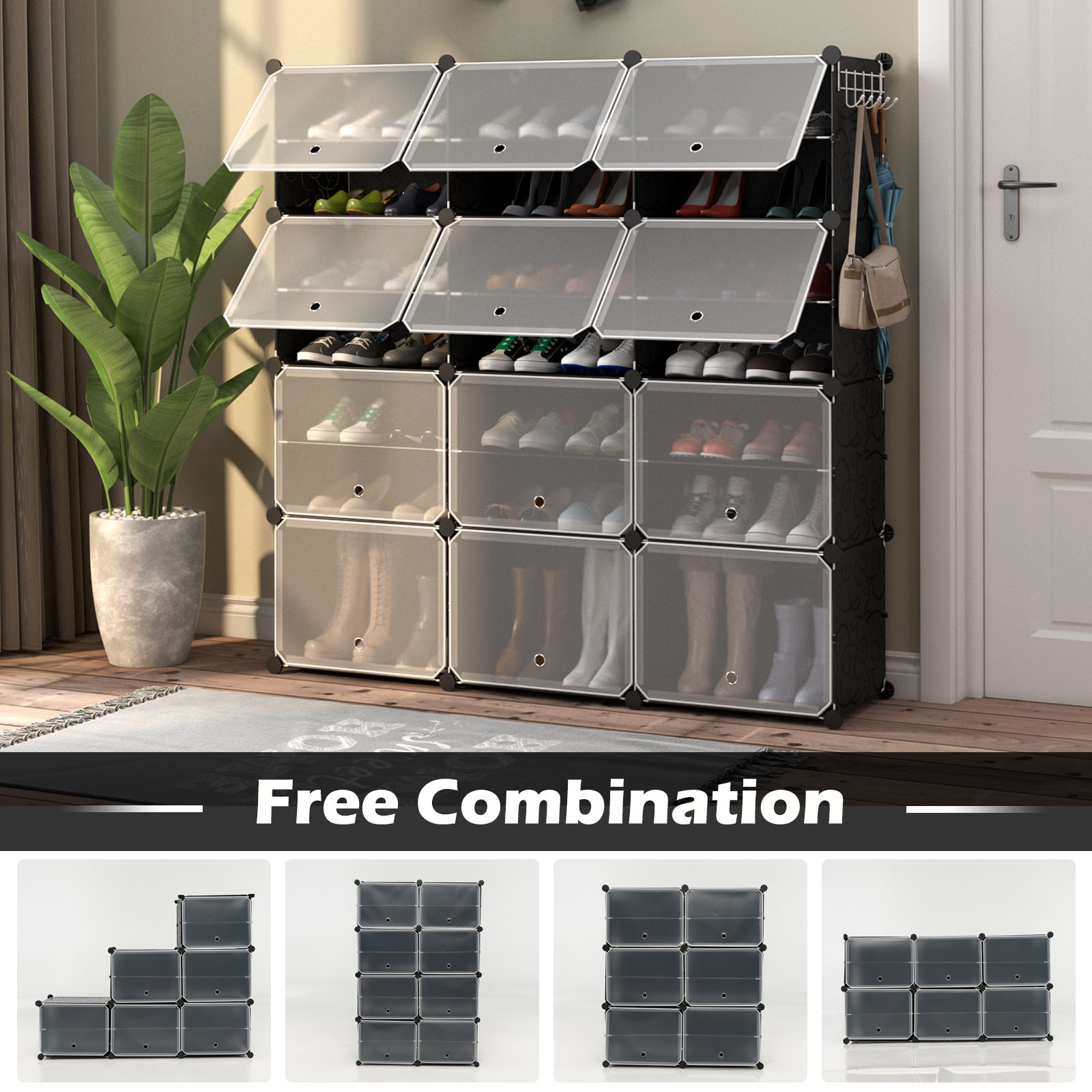 Costway 12 Cube Shoe Storage Cabinet 48 Pairs Shoe Shelves w 5 Hanging Hooks 12 Doors DIY Rack Black Bunnings Australia