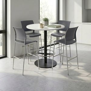 Olg Bar Leaner Bundle: Disc Base 1050mm Round Bar Leaner Black Frame White Top + 4 Game Plain Shell Barstools Charcoal