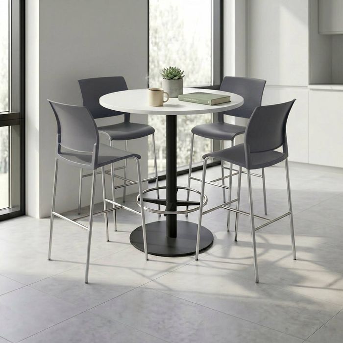 Olg Bar Leaner Bundle: Disc Base 1050mm Round Bar Leaner Black Frame White Top + 4 Game Plain Shell Barstools Charcoal