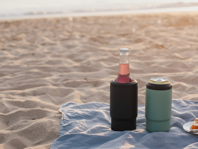 two stubby holders with drinks in them sitting on a blue small blanket on the sand