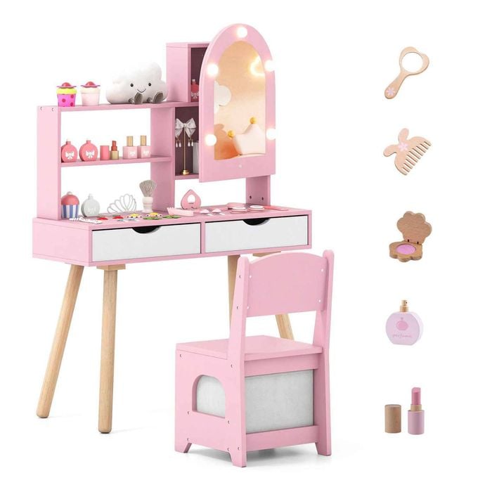 Costway Kid Makeup Vanity Desk Set Dressing Table & Chair Pink