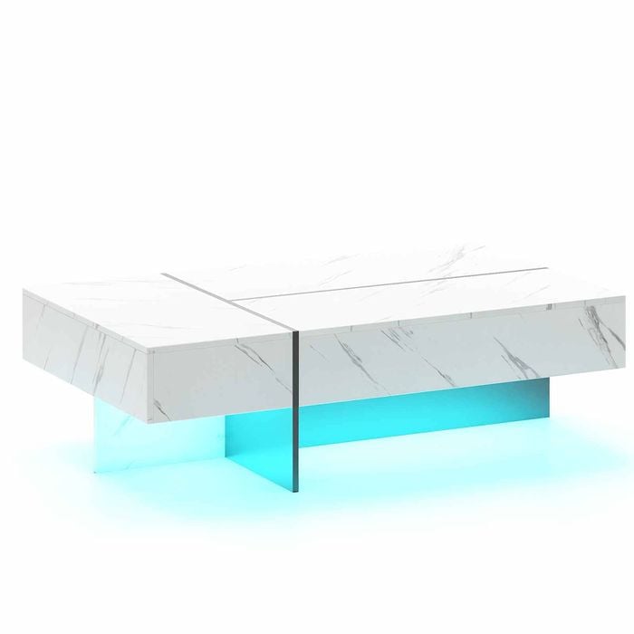 Costway Modern Led Coffee Table High-gloss 21mode 3drawer Faux Marble White