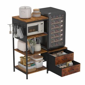 Ufurniture Mini‑Fridge Stand with 2 Fabric Drawers & Open Shelving, Microwave Rack with Charging station, Rustic Brown