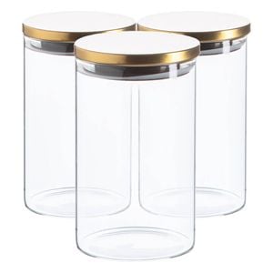 Argon Tableware Glass Storage Jar - Gold Lid - 1l - Modern Round Scandi Organisation Container Glass Jar - Set Of 3