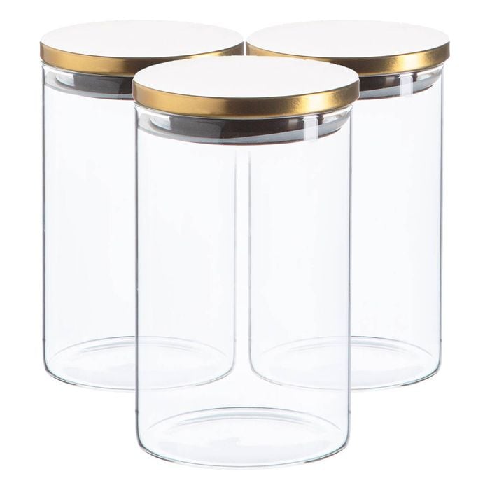 Argon Tableware Glass Storage Jar - Gold Lid - 1l - Modern Round Scandi Organisation Container Glass Jar - Set Of 3