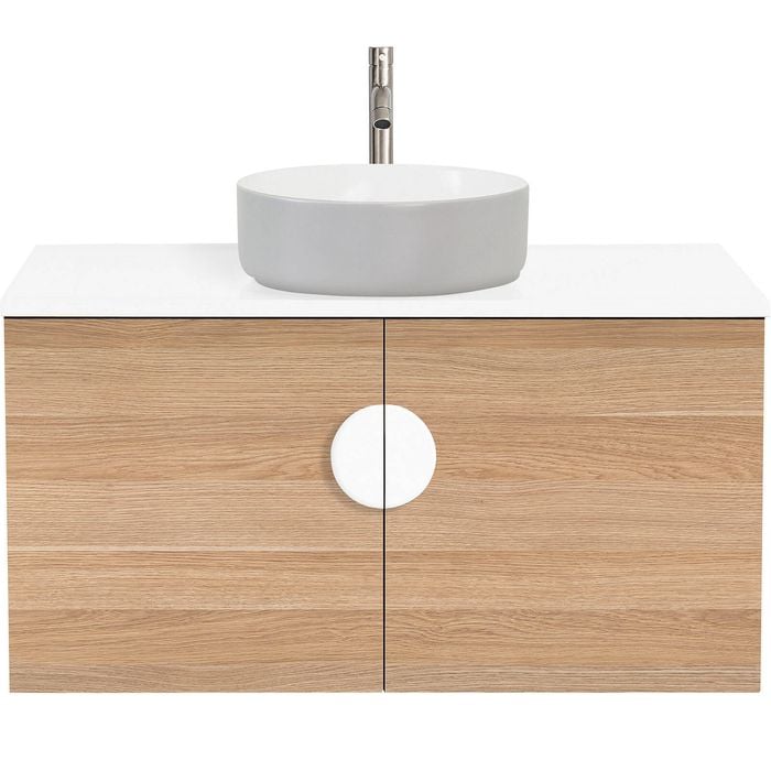 CIBO 900mm Oak Mornington Wall Hung Vanity With Light Grey / White Basin And White Handle