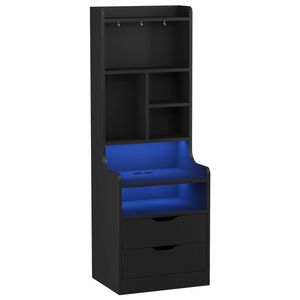 Advwin Tall LED Nightstand with Charging Station, 3 Drawers, Bookshelf, 6 Storage Shelves & 3 Hooks, Black