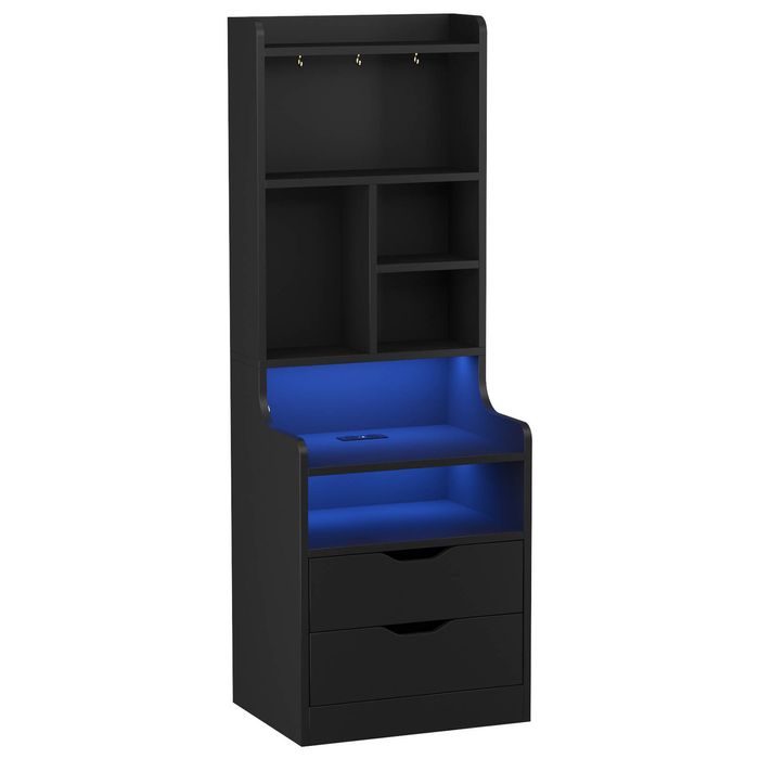 Advwin Tall LED Nightstand with Charging Station, 3 Drawers, Bookshelf, 6 Storage Shelves & 3 Hooks, Black