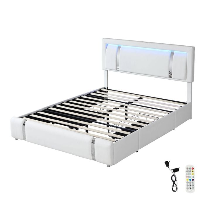 Levede Adjustable Headboard LED PU Leather Bed Frame with USB and 2 Drawers - Queen