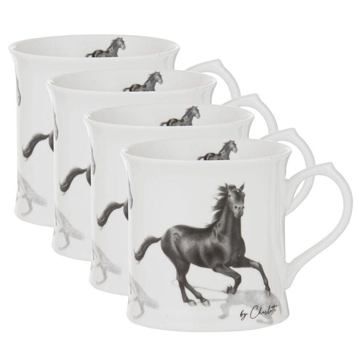 4PK Ashdene Horses By Charlotte New Bone China Drinking Mug 470ml Black
