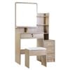 Dressing Table with Mirror, Makeup Stool Set Wood Vanity Desk Chair, Farmhouse Vanity Desk with Open Shelf and 4 Drawers, Oak