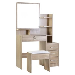 Dressing Table with Mirror, Makeup Stool Set Wood Vanity Desk Chair, Farmhouse Vanity Desk with Open Shelf and 4 Drawers, Oak