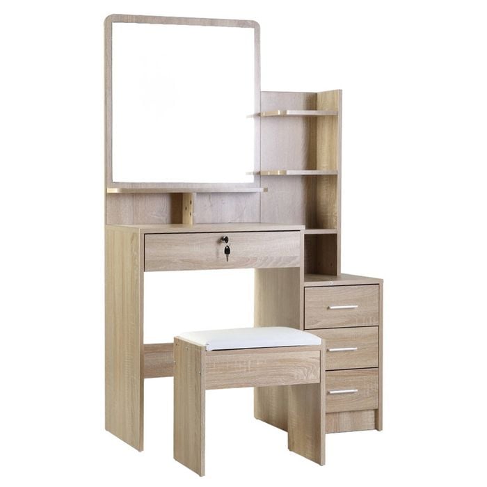 Dressing Table with Mirror, Makeup Stool Set Wood Vanity Desk Chair, Farmhouse Vanity Desk with Open Shelf and 4 Drawers, Oak