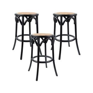 Aster 3pc Round Bar Stools Dining Stool Chair Solid Birch Wood Rattan Seat Black