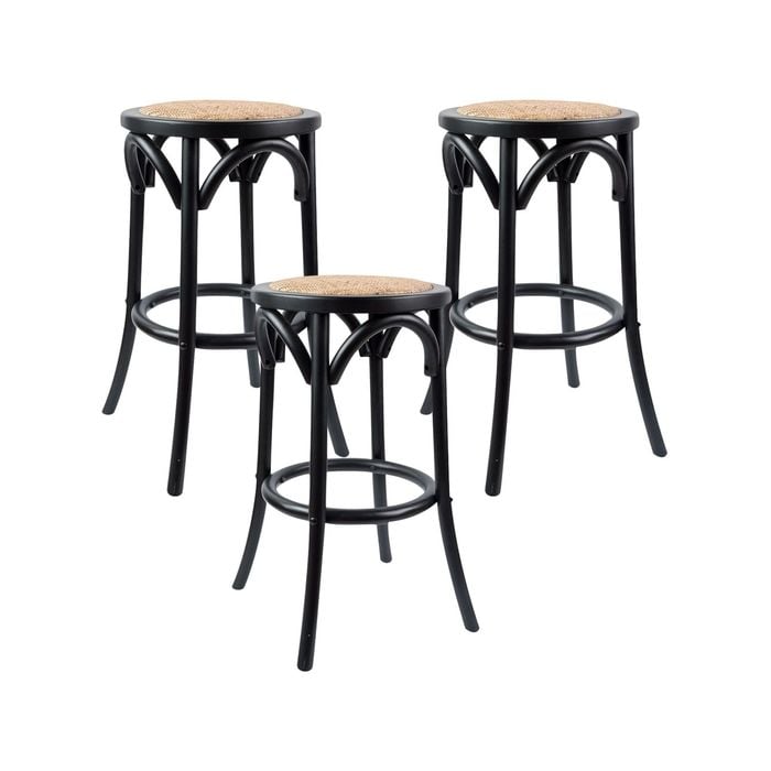 Aster 3pc Round Bar Stools Dining Stool Chair Solid Birch Wood Rattan Seat Black