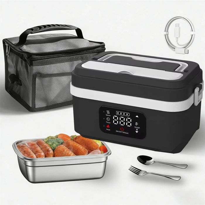 Catzon 1l Cordless Electric Heated Lunch Box Rechargeable Food Warmer-blackwhite
