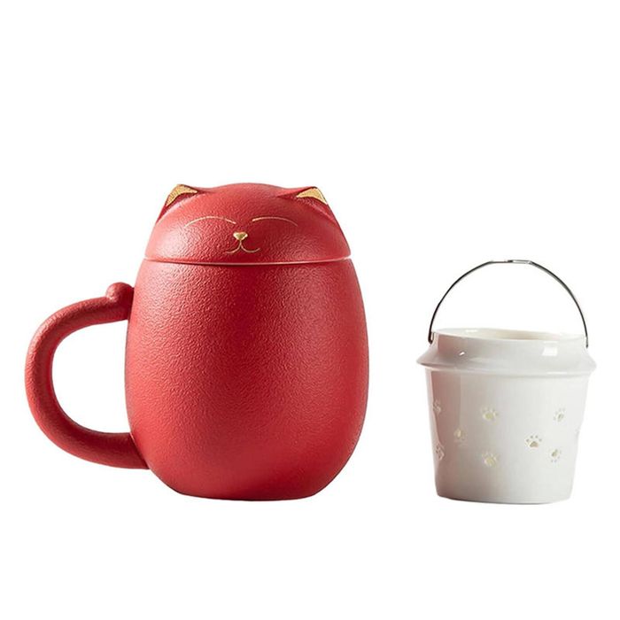 Catzon Ceramic Tea Mug 350ml With Infuser And Lid Cute Cat Cup-red