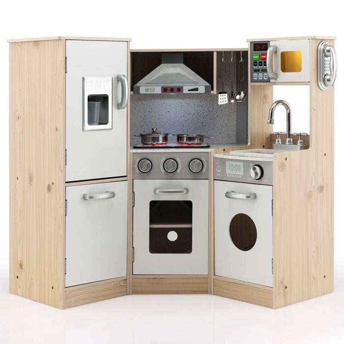 Costway Kids Corner Kitchen Playset Wooden Pretend Cooking Toy