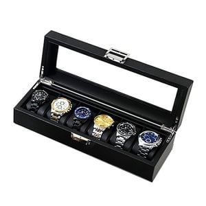 Catzon Watch Box With Glass Window Weaving Texture Watch Jewelry Organizer-6slot