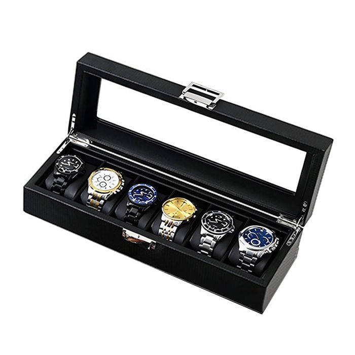 Catzon Watch Box With Glass Window Weaving Texture Watch Jewelry Organizer-6slot