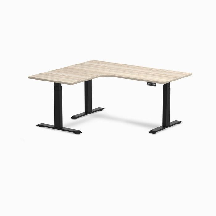 Desky L-shape Sit To Stand Classic Oak Melamine Desk 1600x1400mm - Left Return Height Adjustable Matte Black Leg