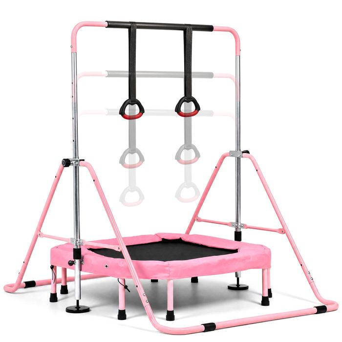 Advwin Kids Gymnastics Bar, Horizontal Bar with Detachable Trampoline & Rings, Foldable Kip Bar, Ages 3-8