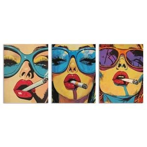3pcs Vibrant Blue Glasses & Red Lips Print 100% Australian Made 3 x 40x60cm (Metal Print)