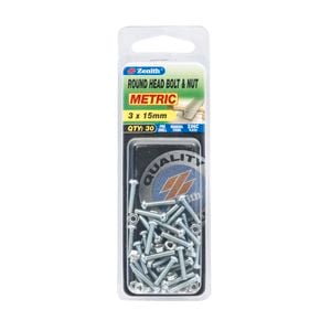 Zenith 3 x 15mm Zinc Plated Round Head Bolt And Nut - 30 Pack