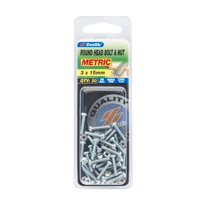 Zenith 3 x 15mm Zinc Plated Round Head Bolt And Nut - 30 Pack