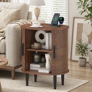 Ufurniture Narrow End Table Sofa Side Table with Charging Station and Adjustable Shelves Walnut
