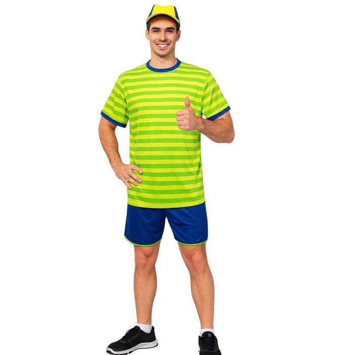 Adult 90s Teenager Costume Hat Striped Top Shorts Halloween Fancy Dress Up L/XL 175-185cm Height