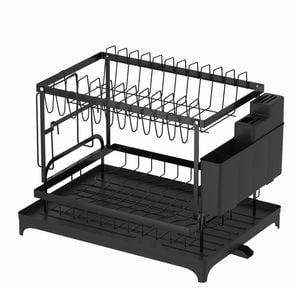 Advwin 2 Tier Dish Drying Rack Cutlery Holder with Drainer Storage Over Sink Kitchen Organizer Black