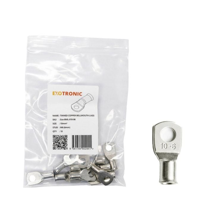 10 Pack of Exotronic 10mm² Copper Lug M6 | Bellmouth