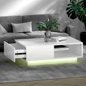 Artiss Coffee Table LED Lights High Gloss Storage Drawer White