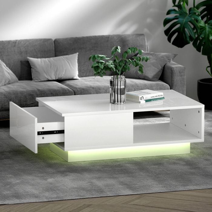 Artiss Coffee Table LED Lights High Gloss Storage Drawer White