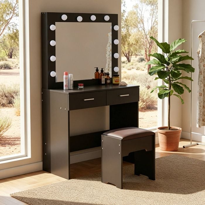 DREAMO Vanity Set with Cushioned Stool and Lighted Mirror- Black
