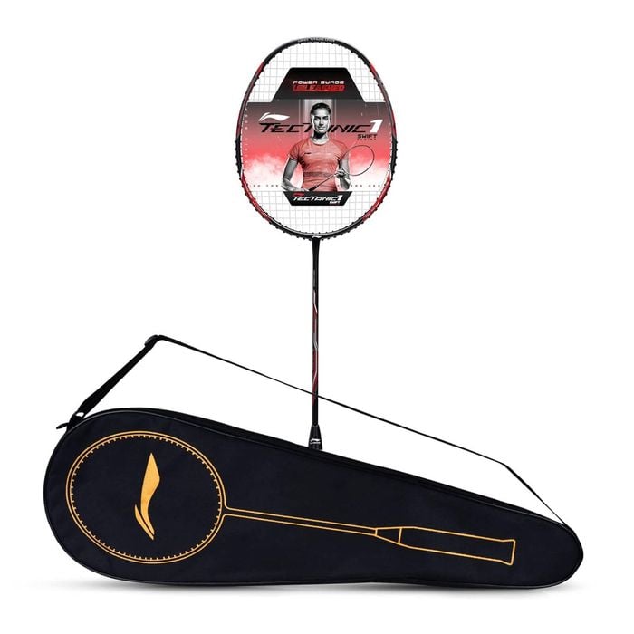Li-Ning Tectonic 1S Carbon Fibre Strung Badmiton Racket with Full Cover | For Professional | Size: 4U (83gm) | Black-Red