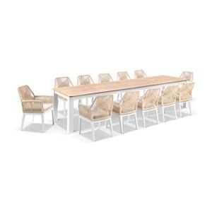 Balmoral 3.55m Outdoor Teak Top Aluminium Table White With 12 Hugo Chairs & Cream Rope/cream Cushions