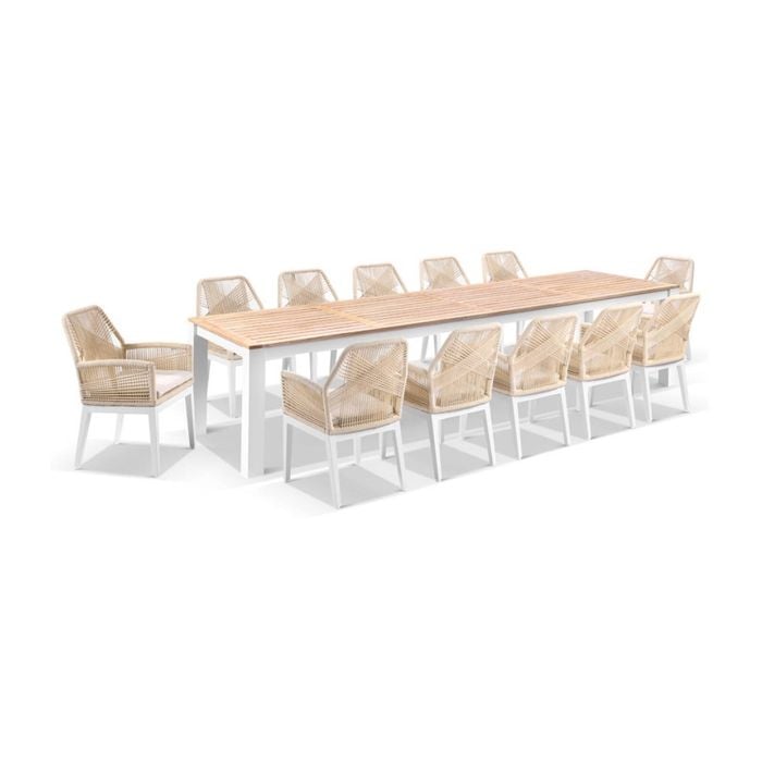 Balmoral 3.55m Outdoor Teak Top Aluminium Table White With 12 Hugo Chairs & Cream Rope/cream Cushions