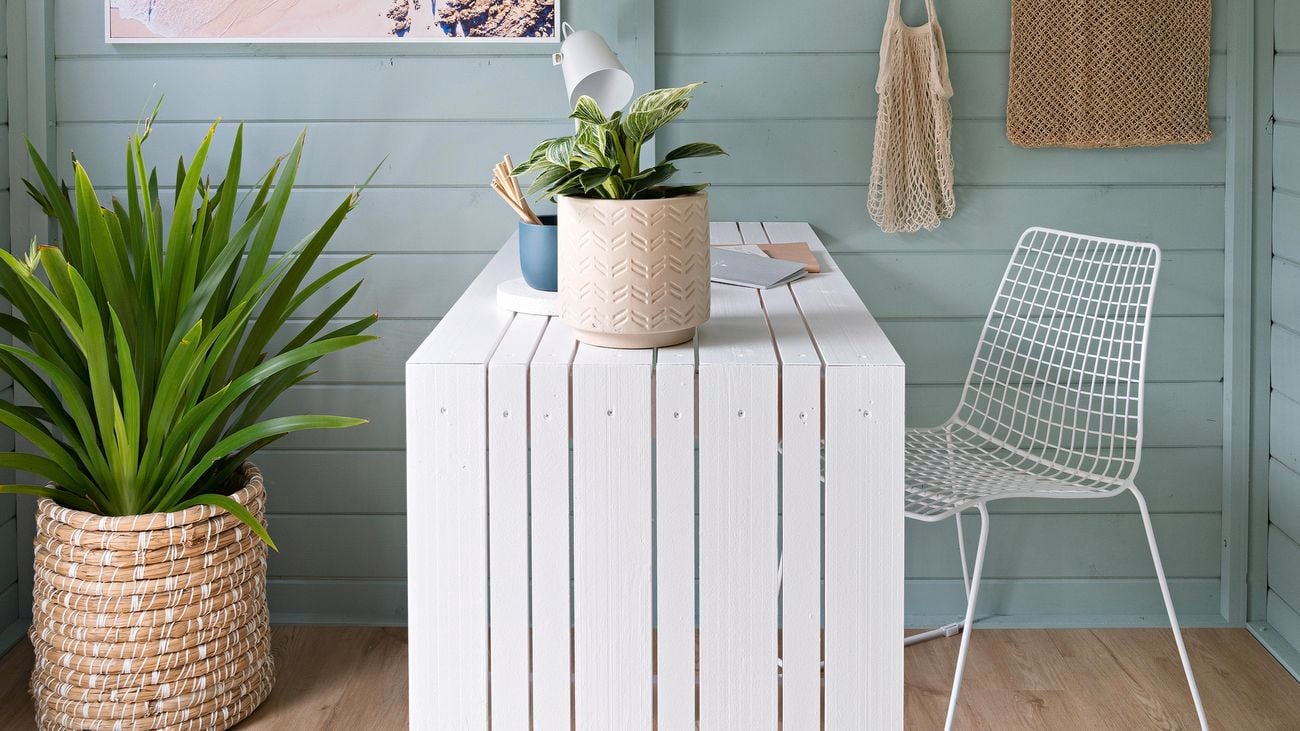 A painted timber desk, wire frame chair and plant in a home office painted in pastel shades