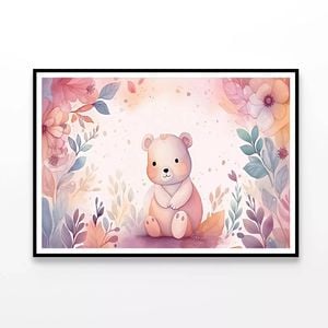 Happy Baby Bear with Flowers  Print 100% Australian Made 90x60cm  (Poster)