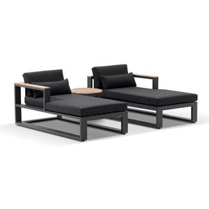 Balmoral Daybed Outdoor Aluminium And Teak Lounge Charcoal With Round Side Table & Denim Grey Cushions