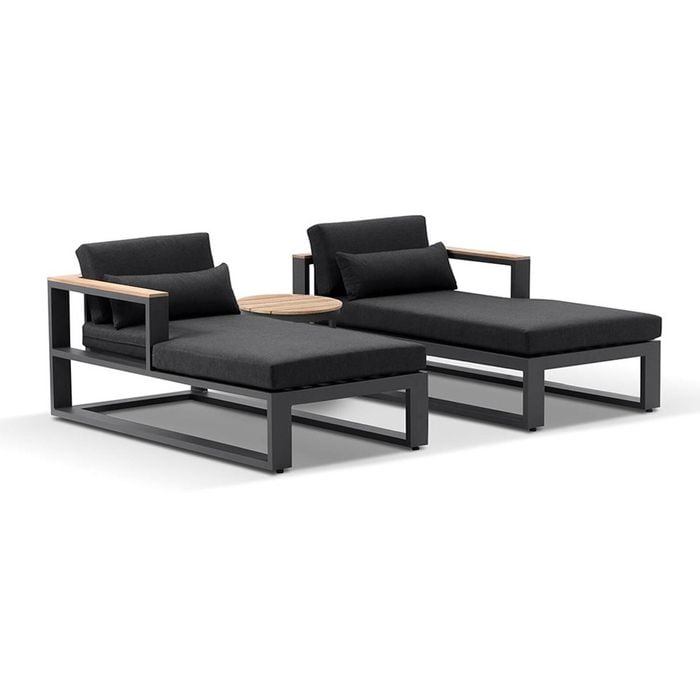 Balmoral Daybed Outdoor Aluminium And Teak Lounge Charcoal With Round Side Table & Denim Grey Cushions